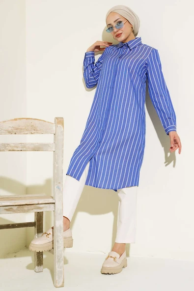 Çizgili Gizli Düğmeli Gömlek Lacivert - 2