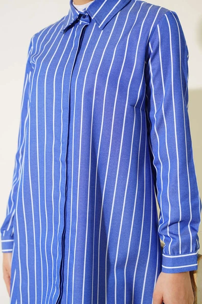 Çizgili Gizli Düğmeli Gömlek Lacivert - 4