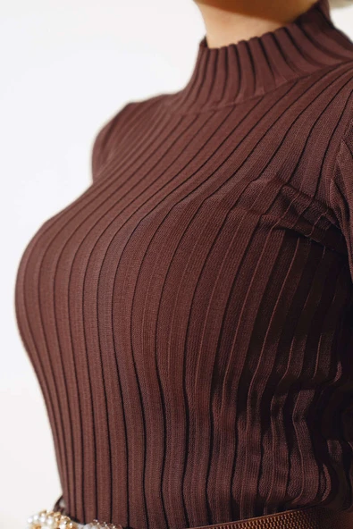 Fitilli Esnek Triko Kazak Kestane - Resim 4