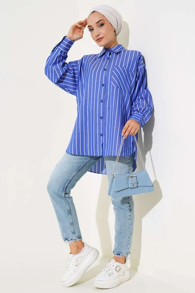Çizgili Salaş Gömlek Lacivert - Resim 2