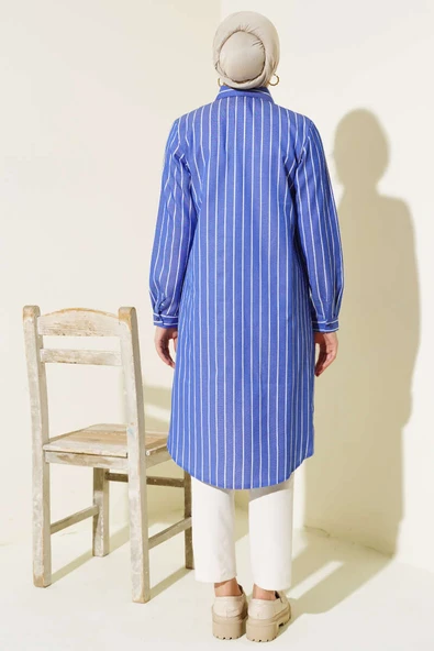 Çizgili Gizli Düğmeli Gömlek Lacivert - 3