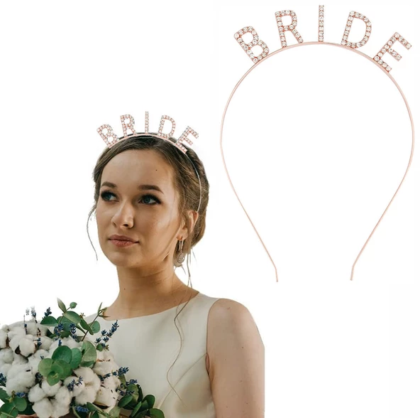 Rose Gold Renk Bekarlığa Veda Kristal Taş Bride Tacı İthal 16x10 cm - 1