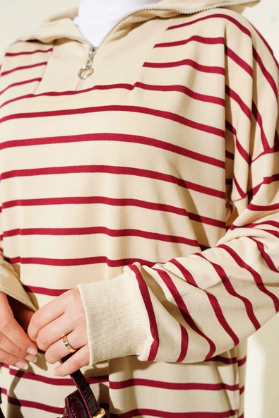 Yarım Fermuarlı Çizgili Salaş Elbise Bordo - Resim 4