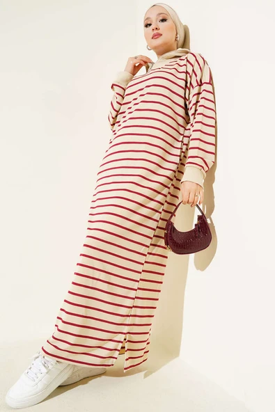 Yarım Fermuarlı Çizgili Salaş Elbise Bordo ürün görseli 1