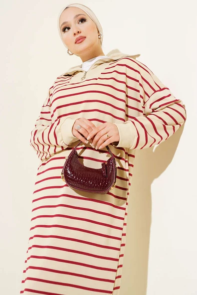 Yarım Fermuarlı Çizgili Salaş Elbise Bordo - Resim 2