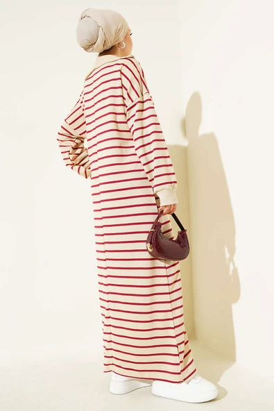 Yarım Fermuarlı Çizgili Salaş Elbise Bordo - Resim 3