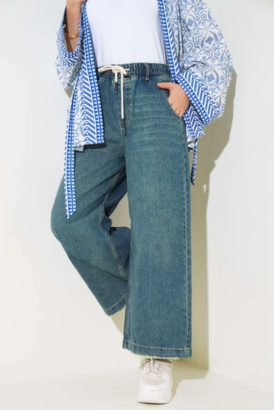 Lazer Geniş Paça Kot Pantolon Yeşil Tint ürün görseli 1