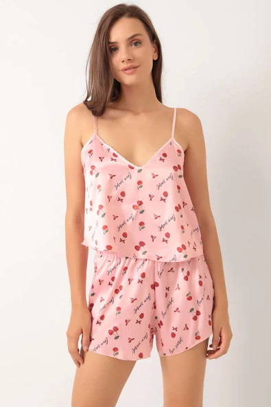 Kiraz Desen Askılı Saten Pijama Takımı Pembe ürün görseli 1