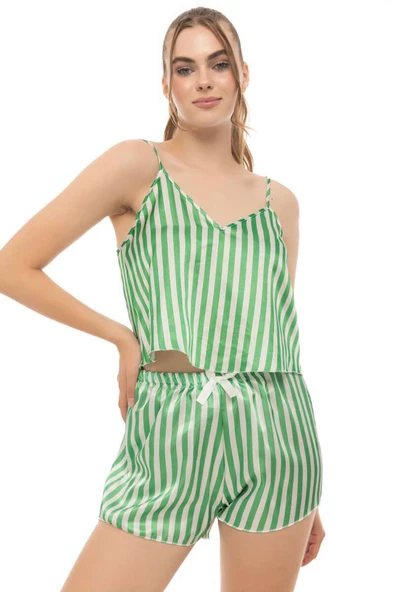 Çizgili Askılı Saten Pijama Takımı Yeşil - Resim 2