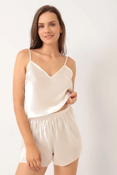 Askılı Saten Pijama Takımı Beyaz - Resim 2