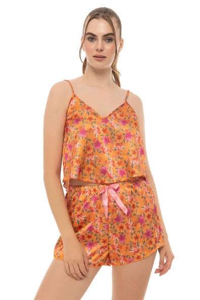 Çiçek Desen Askılı Saten Pijama Takımı Oranj - Resim 2