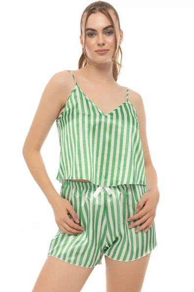 Çizgili Askılı Saten Pijama Takımı Yeşil ürün görseli
