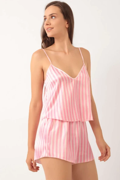 Çizgili Askılı Saten Pijama Takımı Pembe - Resim 2