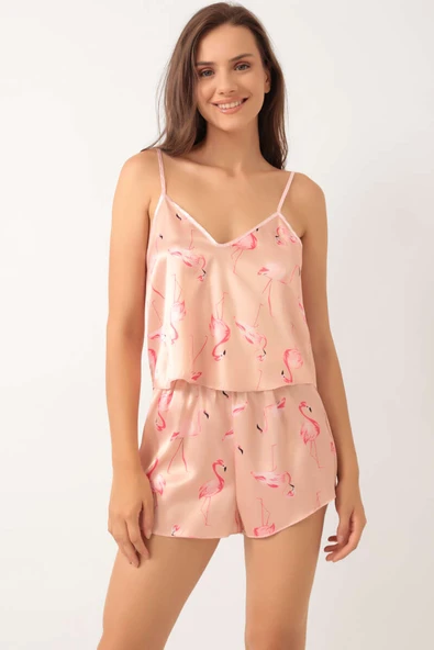 Flamingo Desen Askılı Saten Pijama Takımı Somon - Resim 2