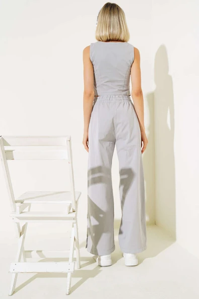 Tahta Düğmeli Yelekli İkili Takım Gri - Resim 3