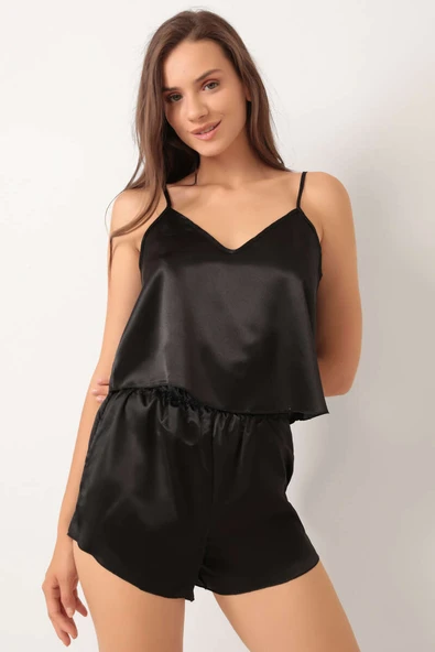 Askılı Saten Pijama Takımı Siyah ürün görseli