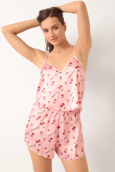 Kiraz Desen Askılı Saten Pijama Takımı Pembe - Resim 2