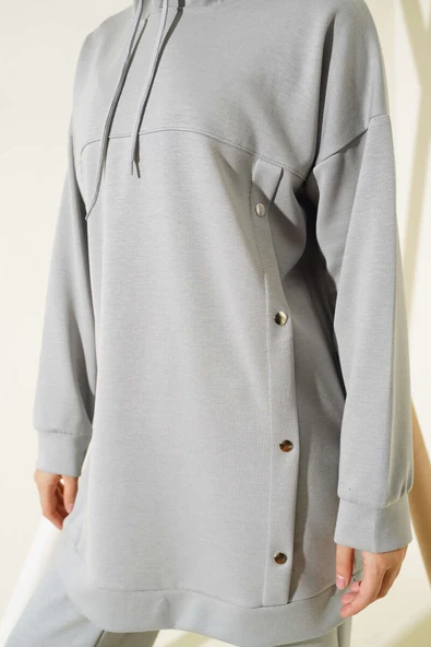 Loyşa Çıtçıt Süslemeli Kapüşonlu İkili Takım Gri - Resim 4