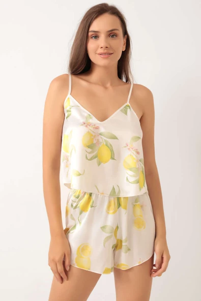 Limon Desen Askılı Saten Pijama Takımı Beyaz - Resim 2