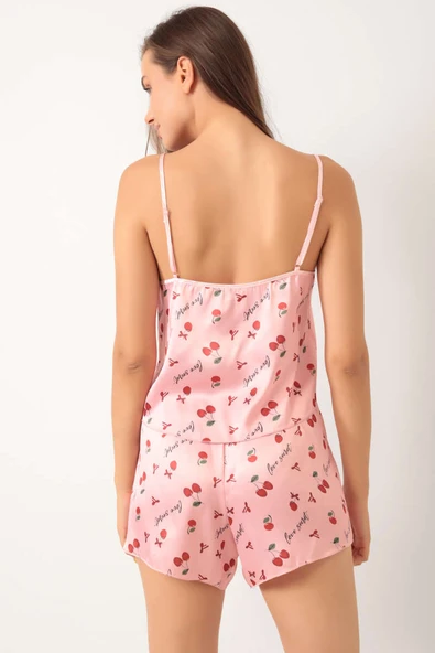 Kiraz Desen Askılı Saten Pijama Takımı Pembe - 3
