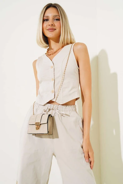 Tahta Düğmeli Yelekli İkili Takım Taş - Resim 2