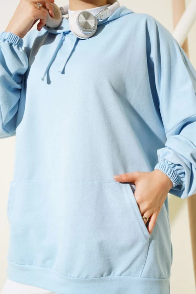 Kapüşonlu Oversize Sweat Buz Mavisi - Resim 4