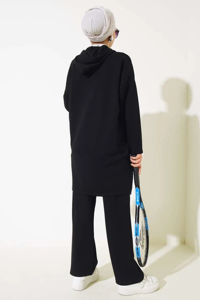 Yanı Bağlamalı Kapüşonlu İkili Takım Siyah - Resim 3
