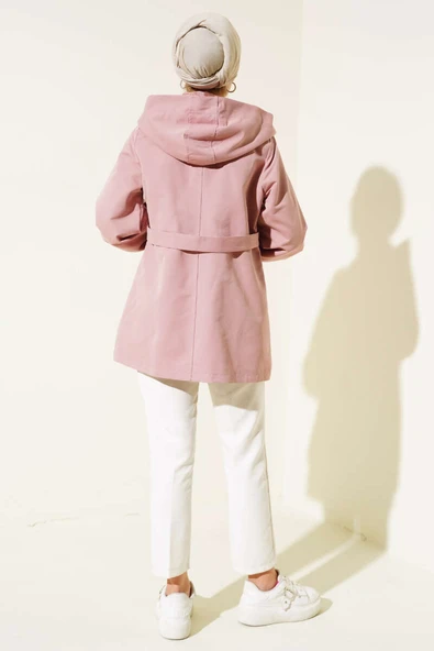 Kapşonlu Çıt Çıt Kısa Trenç Pudra - Resim 3