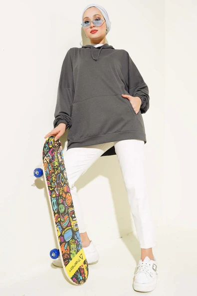 Kapüşonlu Oversize Sweat Füme - Resim 2