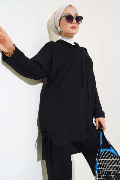 Yanı Bağlamalı Kapüşonlu İkili Takım Siyah - Resim 2