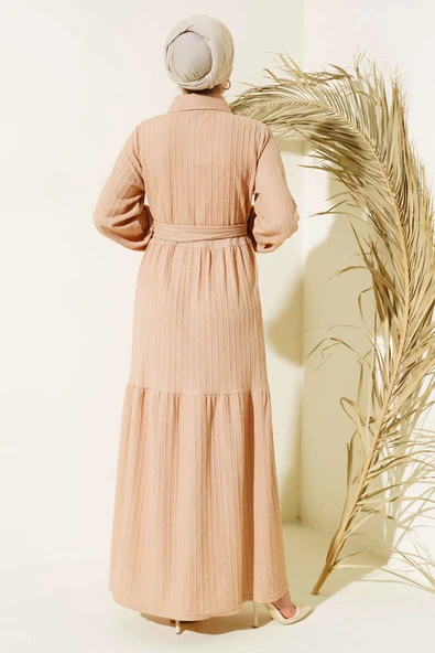 Yarım Taş Düğmeli Elbise Bej - Resim 3