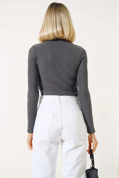 Taşlı Uzun Kol Kaşkorse Bluz Füme - Resim 3