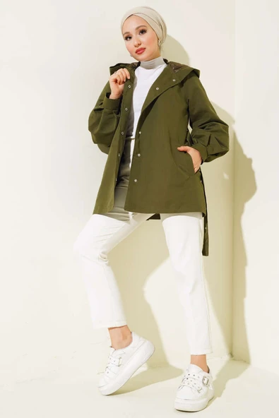 Kapşonlu Çıt Çıt Kısa Trenç Haki - Resim 2