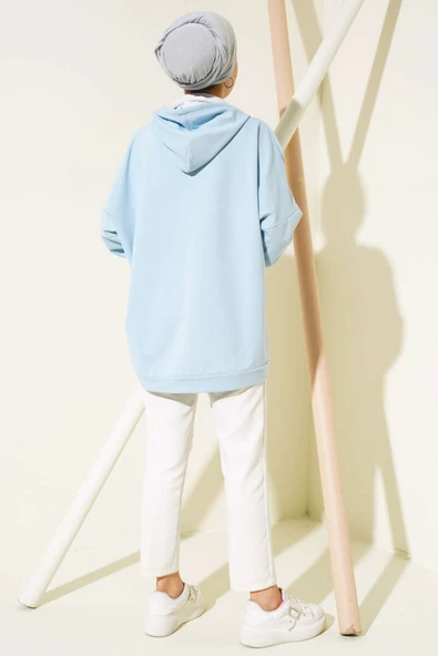 Kapüşonlu Oversize Sweat Buz Mavisi - Resim 3