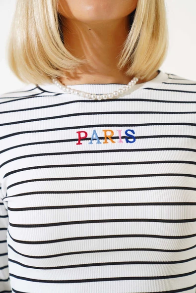 Paris Nakışlı Çizgili Bluz Beyaz - Resim 4