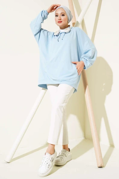 Kapüşonlu Oversize Sweat Buz Mavisi - Resim 2