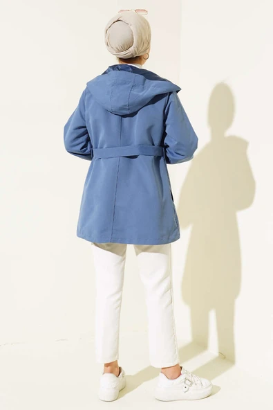 Kapşonlu Çıt Çıt Kısa Trenç İndigo - Resim 3