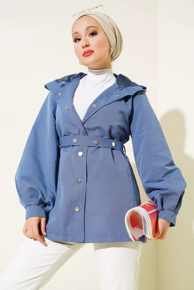 Kapşonlu Çıt Çıt Kısa Trenç İndigo ürün görseli 1