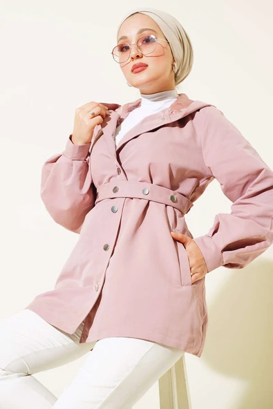 Kapşonlu Çıt Çıt Kısa Trenç Pudra ürün görseli 1