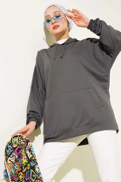 Kapüşonlu Oversize Sweat Füme