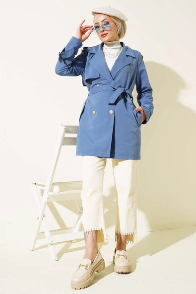 Omuz Apoletli Kısa Trençkot İndigo - Resim 2