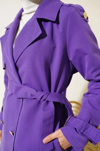 Omuz Apoletli Kısa Trençkot Menekşe - Resim 4