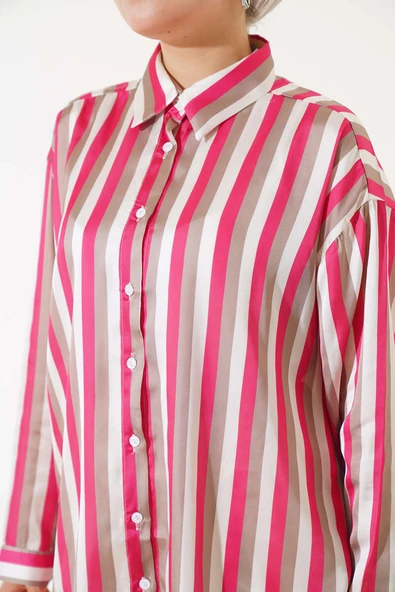 Çizgi Desen Saten Gömlek Fuşya - Resim 4