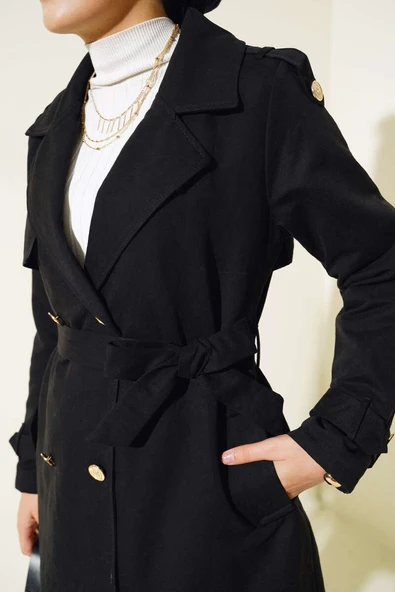 Omuz Apoletli Kısa Trençkot Siyah - Resim 4