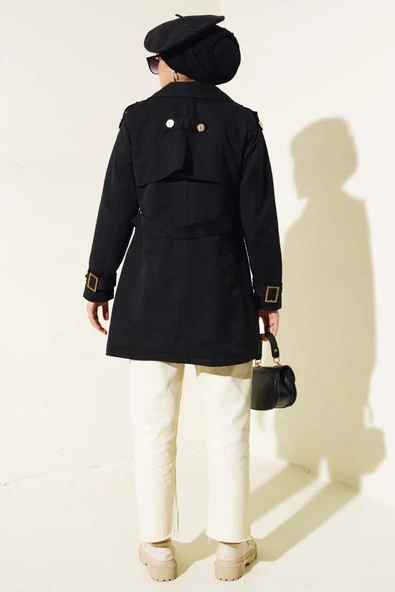 Omuz Apoletli Kısa Trençkot Siyah - Resim 3