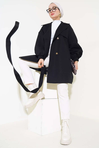 Balon Kol Kuşaklı Kısa Trençkot Siyah - Resim 2