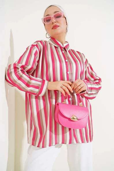 Çizgi Desen Saten Gömlek Fuşya ürün görseli 1