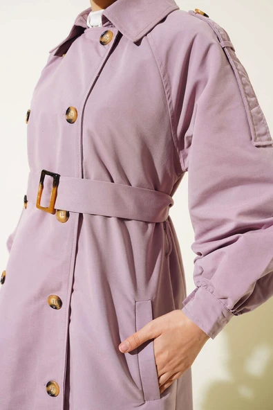 Balon Kol Kuşaklı Uzun Trençkot Lila - Resim 4