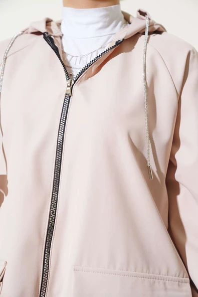 Körük Cepli Kapüşonlu Kap Bej - Resim 4