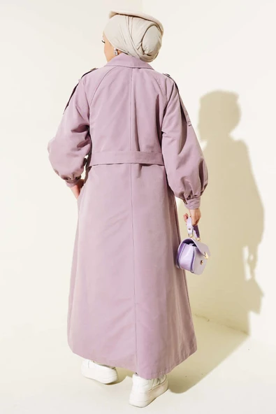 Balon Kol Kuşaklı Uzun Trençkot Lila - Resim 3